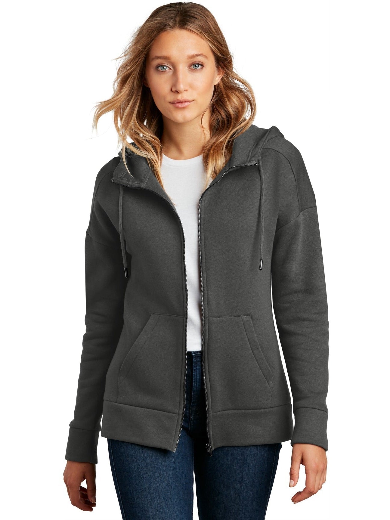 OUTLET - District Ladies' Cozy & Stylish Perfect Weight Fleece Drop Shoulder Full - Zip Hoodie