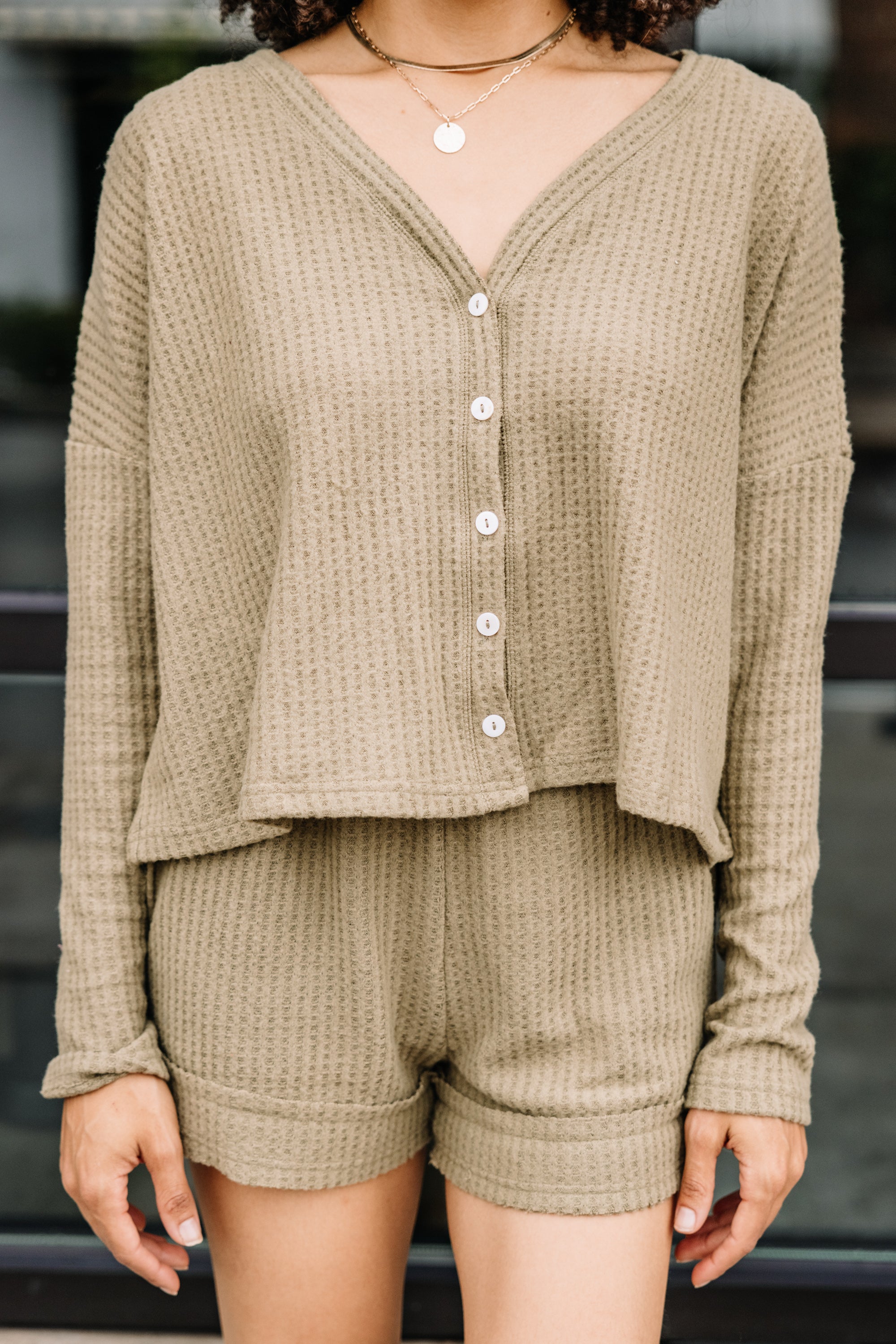 Irresistible Olive Green Waffle Knit Lounge Top - Grab Yours Now!