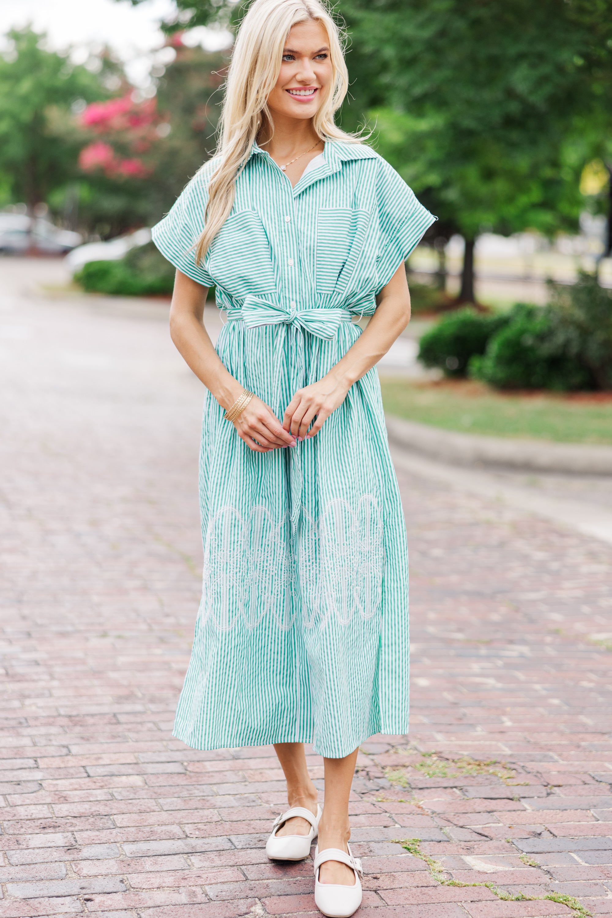 Gorgeous Green Striped Midi Dress - Get Yours Now!