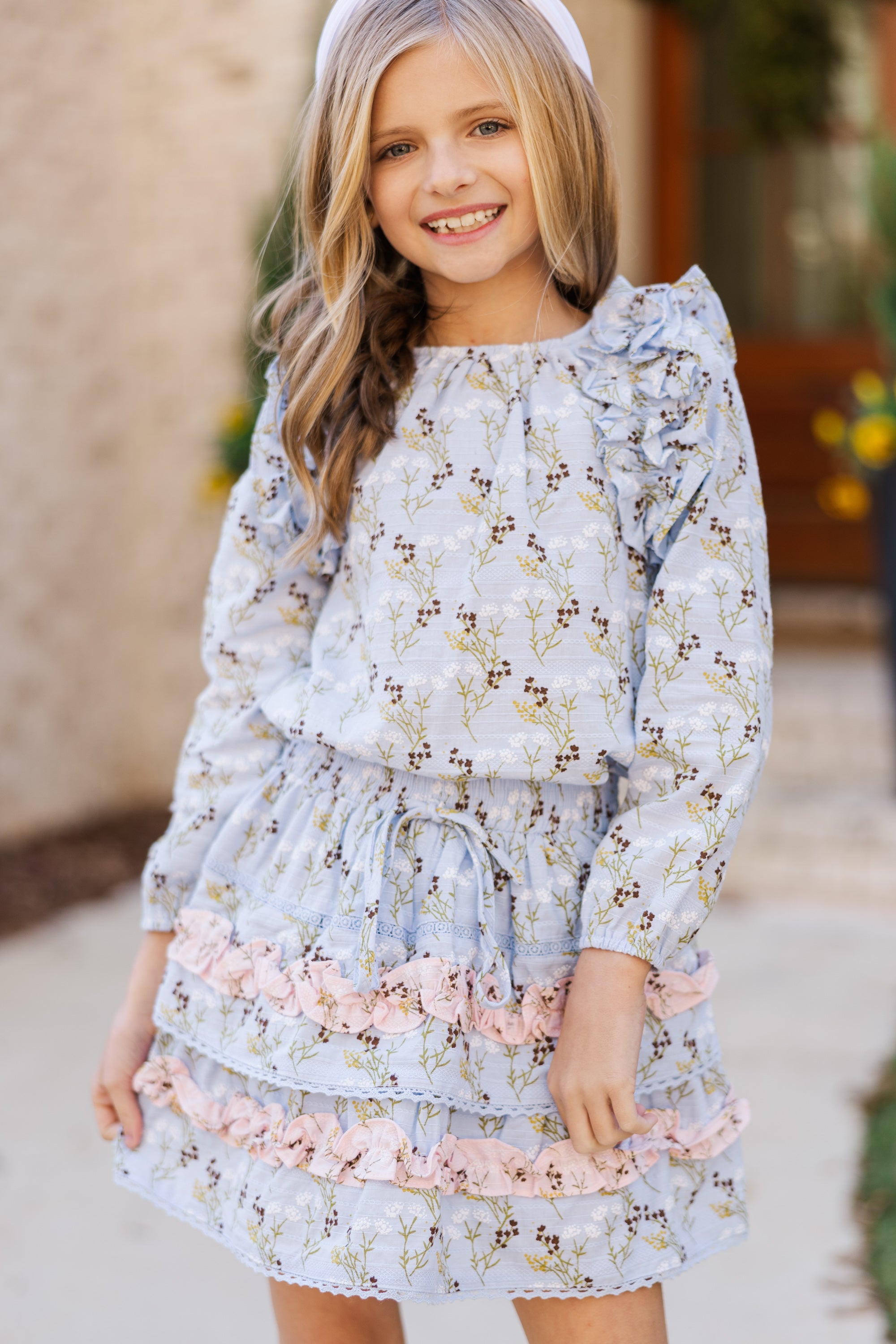 Girls, Follow Your Heart! Light Blue Ditsy Floral Long-Sleeve Blouse