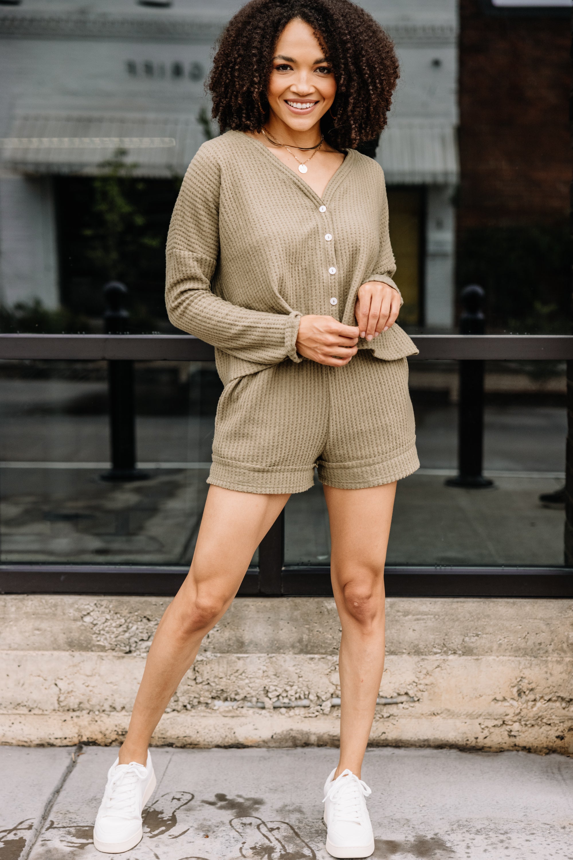 Irresistible Olive Green Waffle Knit Lounge Top - Grab Yours Now!
