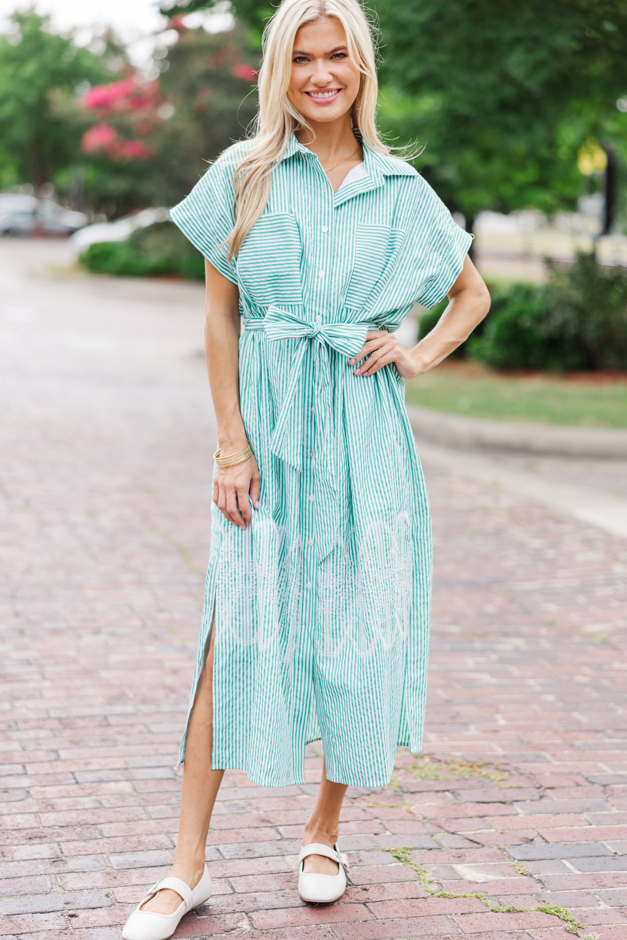 Gorgeous Green Striped Midi Dress - Get Yours Now!