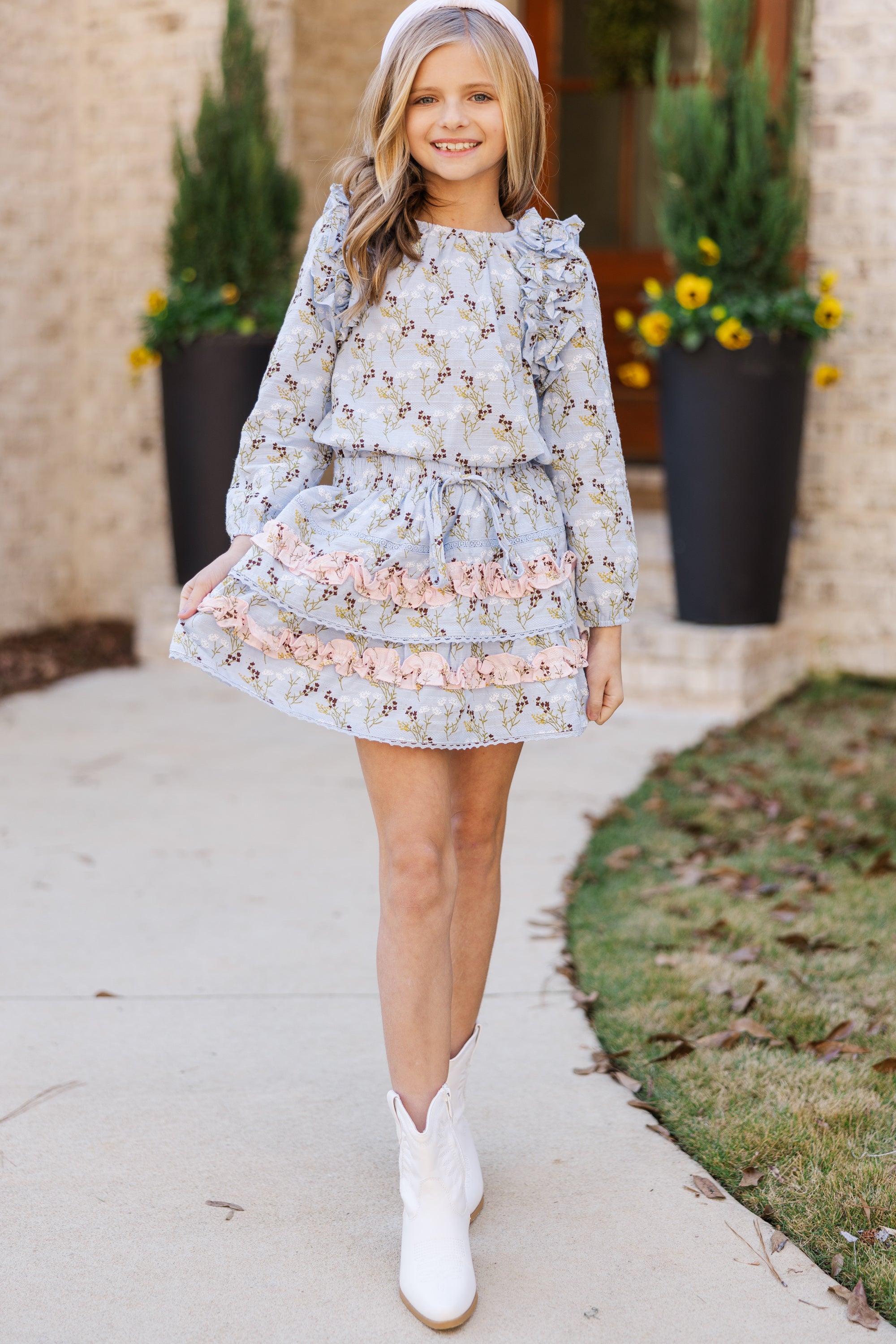 Girls, Follow Your Heart! Light Blue Ditsy Floral Long-Sleeve Blouse