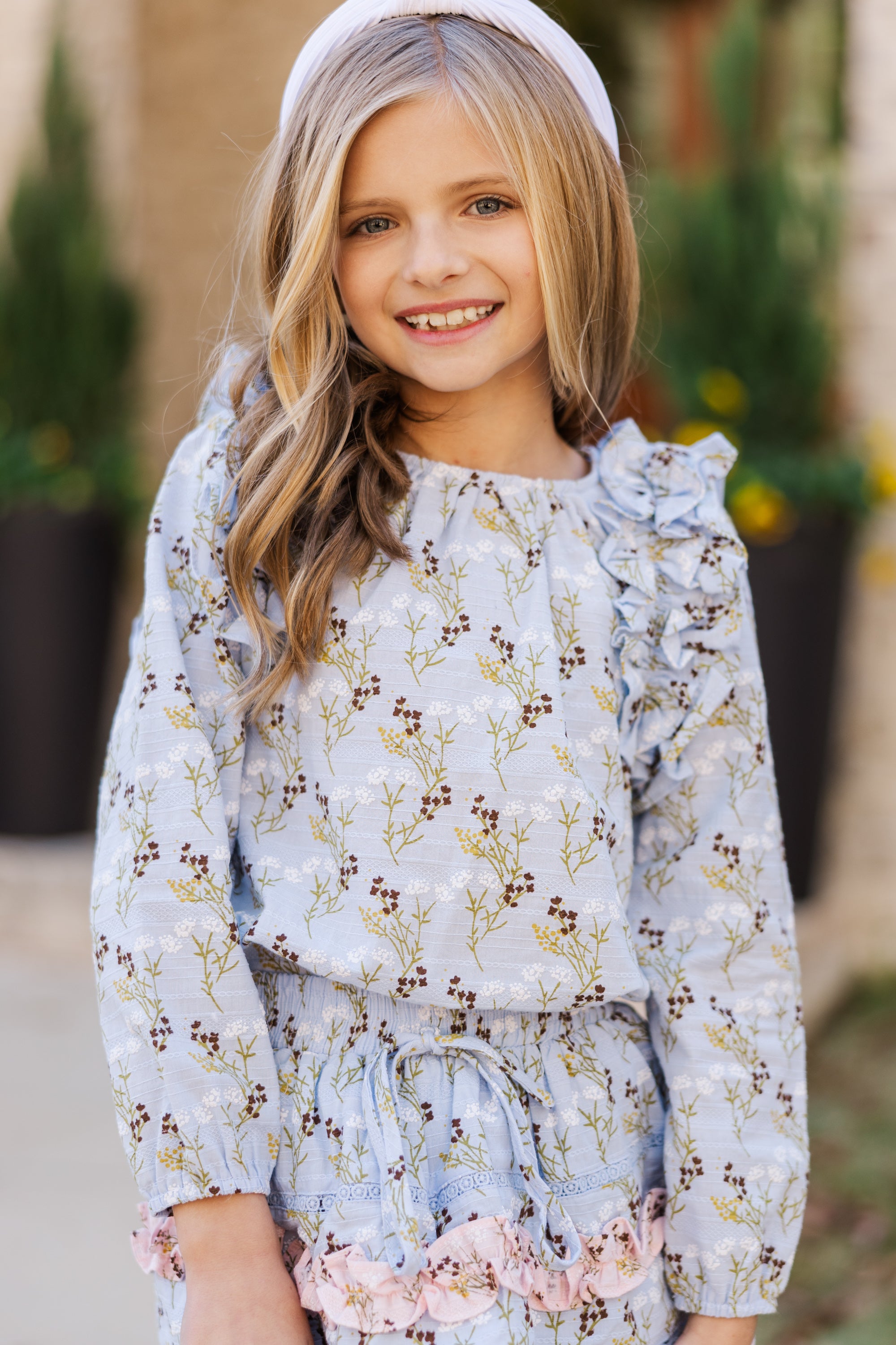 Girls, Follow Your Heart! Light Blue Ditsy Floral Long-Sleeve Blouse