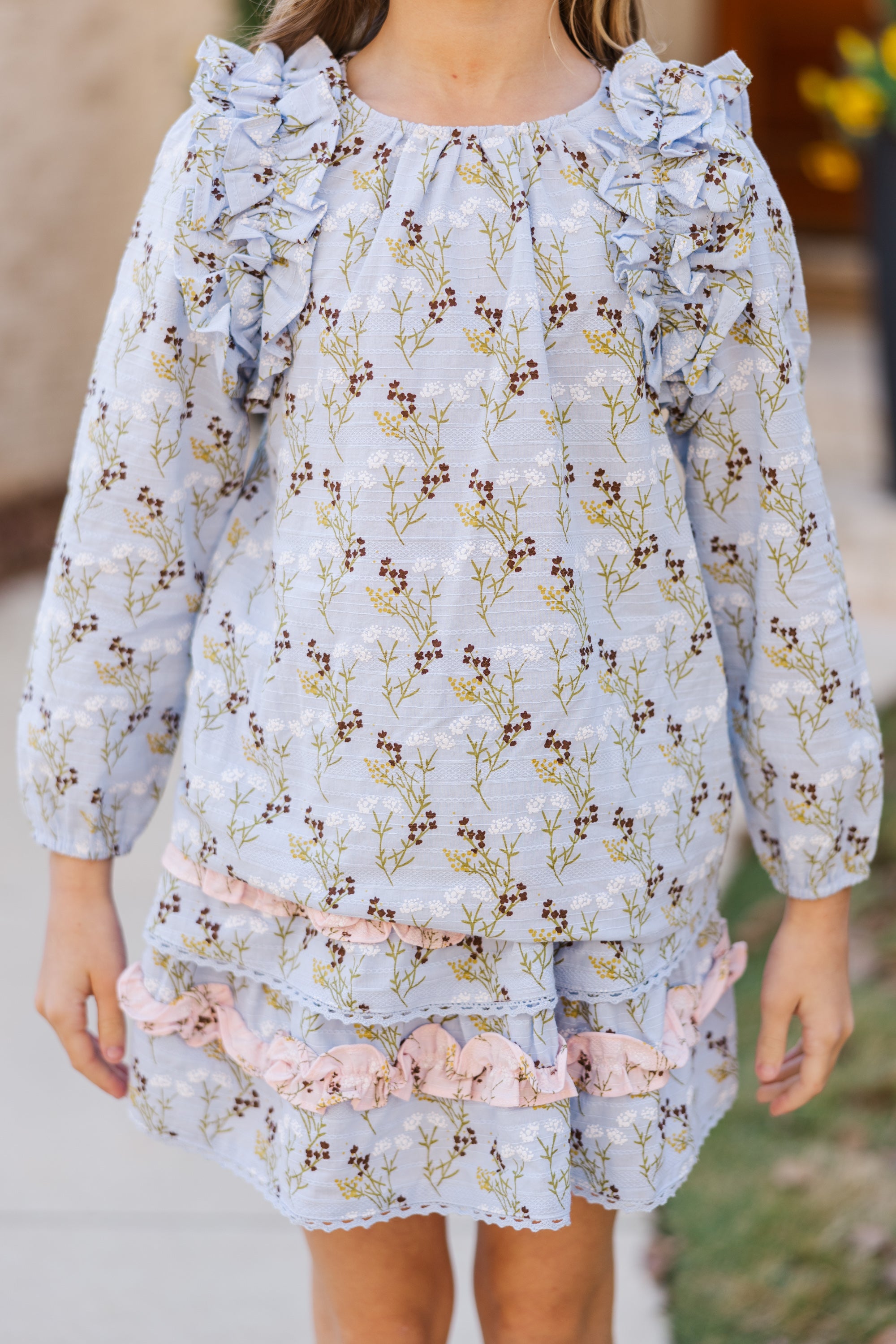 Girls, Follow Your Heart! Light Blue Ditsy Floral Long-Sleeve Blouse