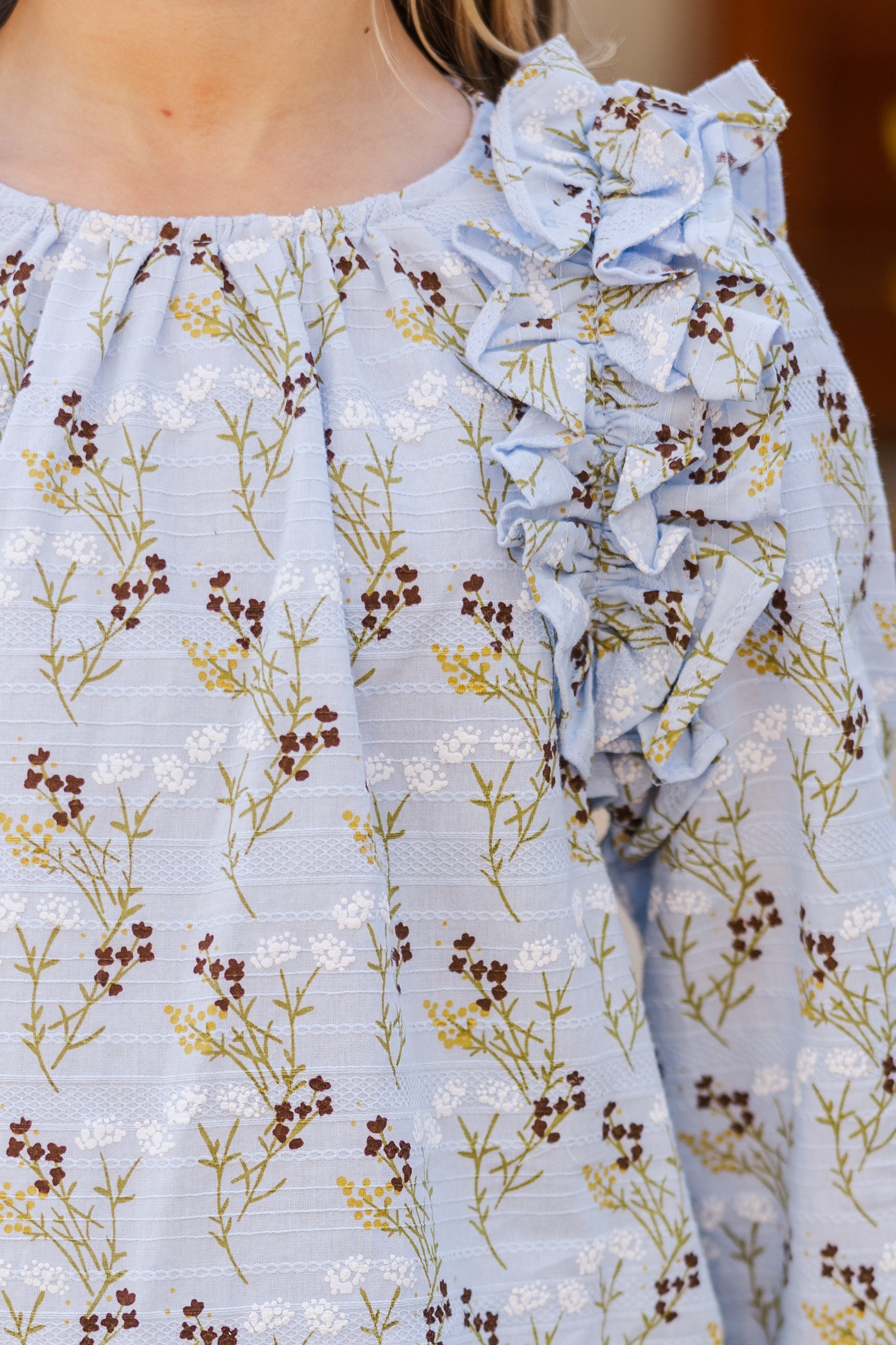 Girls, Follow Your Heart! Light Blue Ditsy Floral Long-Sleeve Blouse